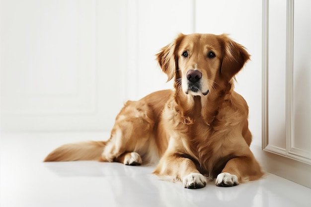 a dog is sitting on the floor and looking at the camera