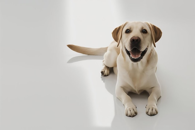 a dog is sitting on the floor and looking at the camera