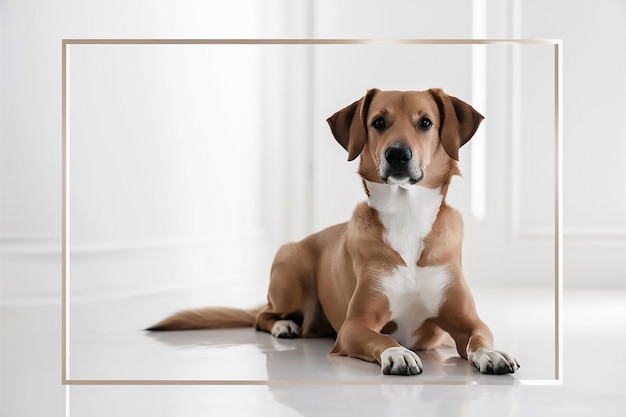 a dog is sitting on the floor and looking at the camera