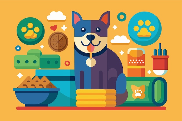 Vector a dog is sitting on a large pile of pet food pet food customizable semi flat illustration