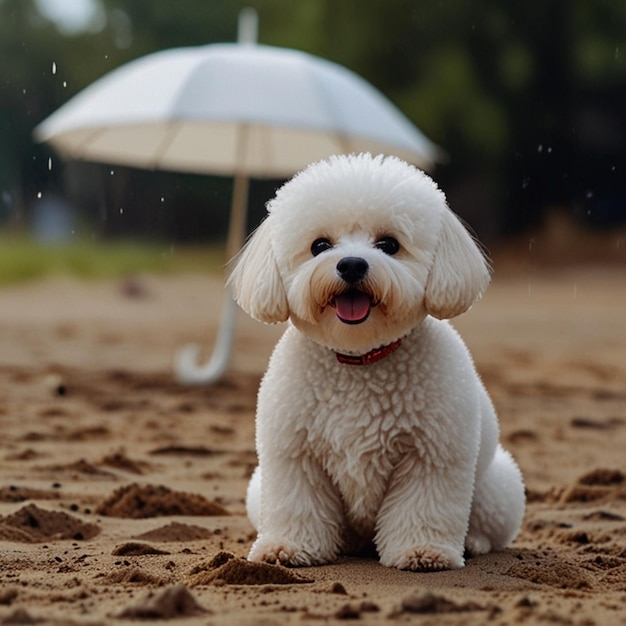 Vector a dog is sitting in the sand with an umbrella in the background