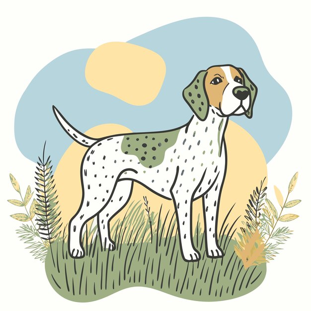 Vector a dog is standing in a field with a sun in the background