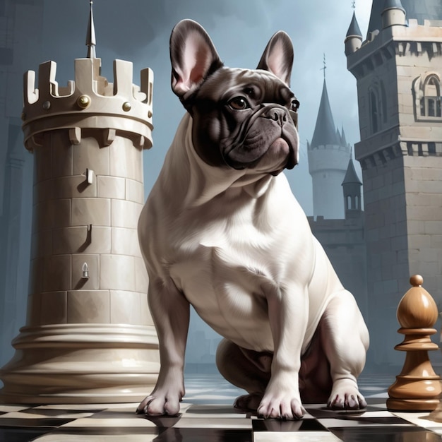 a dog is standing on a tile with a castle in the background