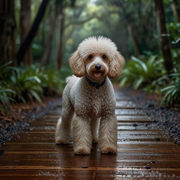 Vector a dog is standing on a wooden path in the woods