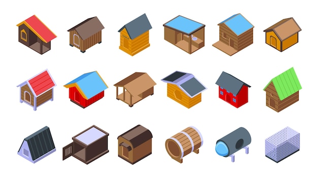 Dog kennel icons set isometric vector. Pet food