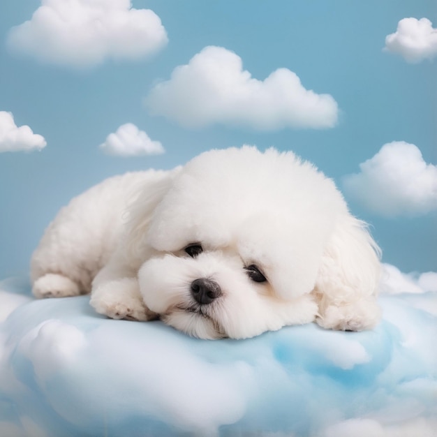 Vector a dog laying on a blanket with clouds in the background