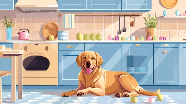 a dog laying on the kitchen floor with a blue kitchen in the background