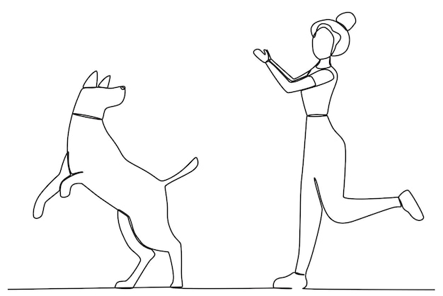 A dog looking back while playing with a woman Walking or playing with dog oneline drawing