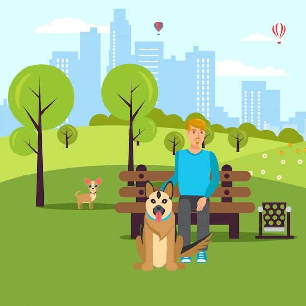 Dog Lover Walk in Park Vector Flat Illustration