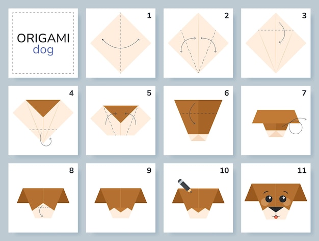 Vector dog origami scheme tutorial moving model origami for kids step by step how to make cute paper puppy