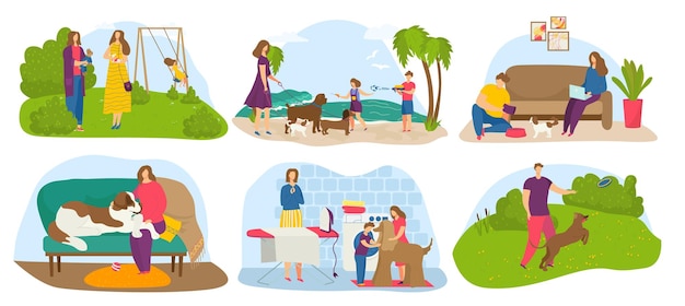 Dog owner set, vector illustration. Cartoon man woman character walk with puppy pet at park, family play with domestic animal at beach, collection. Children care about friend, rest at home.