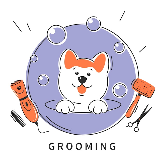 Vector dog pet grooming animal hair grooming salon logo haircuts bathing