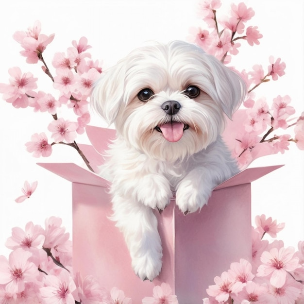 a dog in a pink box with the words  the dog  on it