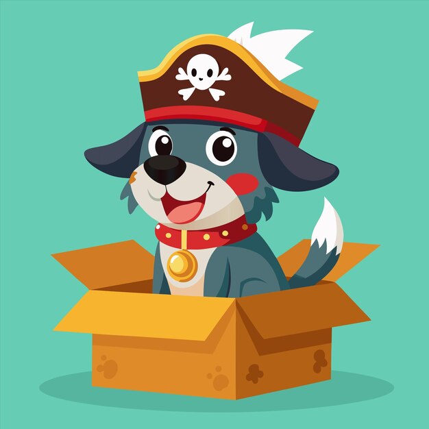 Vector a dog in a pirate hat sits in a box with a pirate hat on it