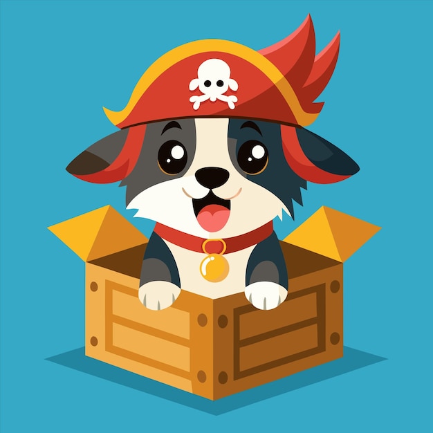 Vector a dog in a pirate hat sits in a wooden box with a pirate hat on it