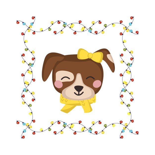 Dog or puppy with bow and scarf with frame of festive garlands