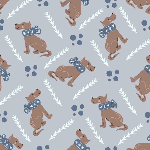 Dog in scarf winter seamless pattern