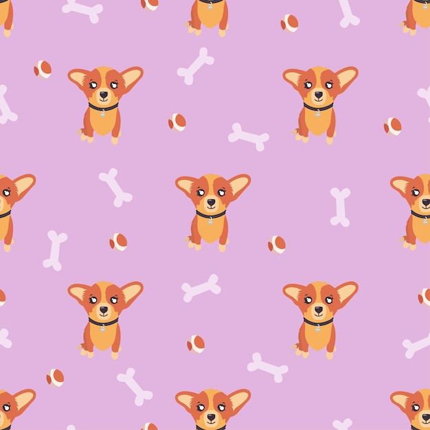 Vector dog seamless pattern corgi puppy on pink background with bones and balls