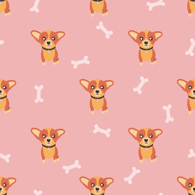 Vector dog seamless pattern corgi puppy on pink background with bones