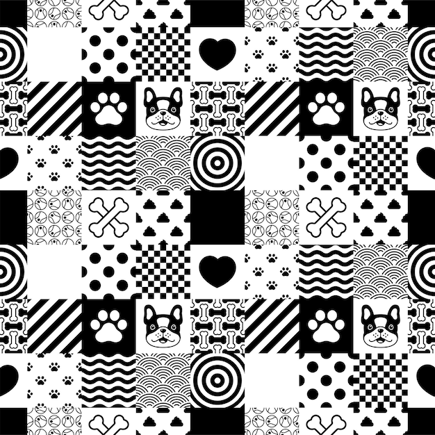 Dog seamless pattern french bulldog paw footprint bone polka dot checked