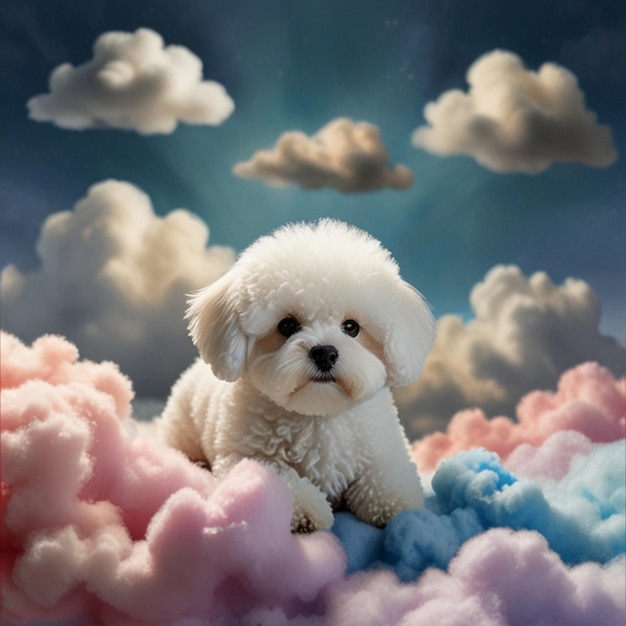 Vector a dog sits in the clouds with the words  poodle  on the bottom