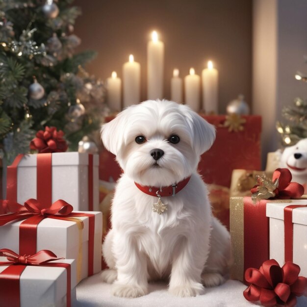 Vector a dog sits in front of a christmas tree with a bunch of presents