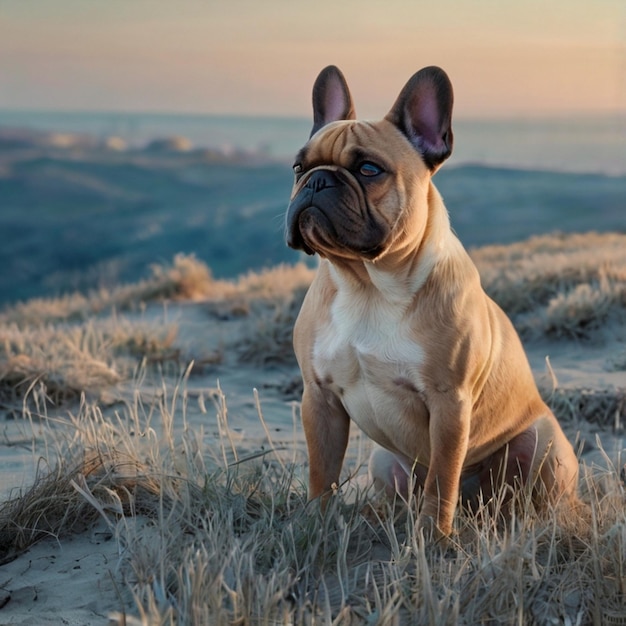 a dog sits in the grass with the sun setting behind him