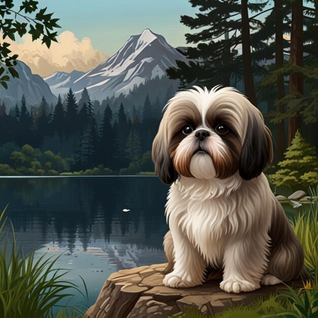 Vector a dog sits on a log in front of a lake with mountains in the background