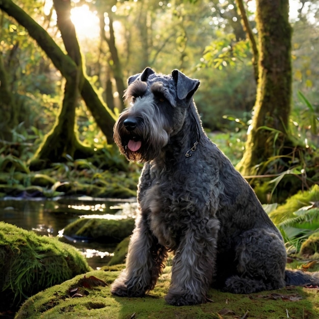 Vector a dog sits on a moss covered rock in the woods