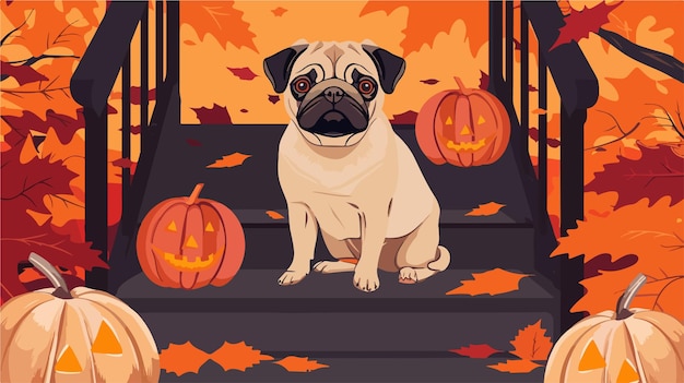 Vector a dog sits on a porch with pumpkins in the background