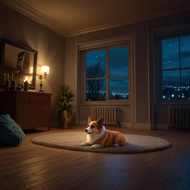 Vector a dog sits on a rug in a room with a window in the background