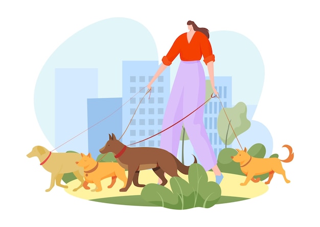 Dog sitter walk with pet animal vector illustration outdoor care service for puppy flat woman character hold leash in hand walker profession