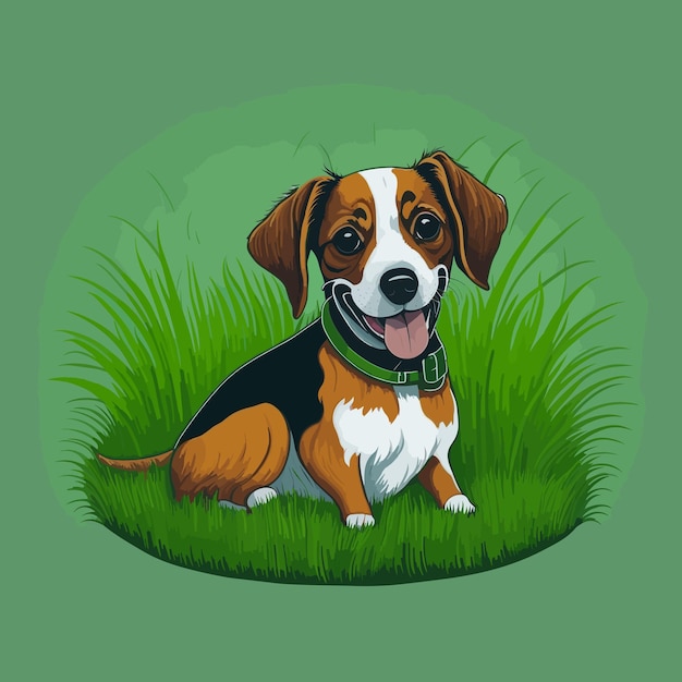 A dog sitting in the grass with a green background.