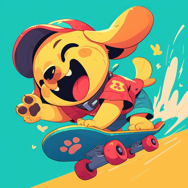 A dog skateboarding down the street cartoon style