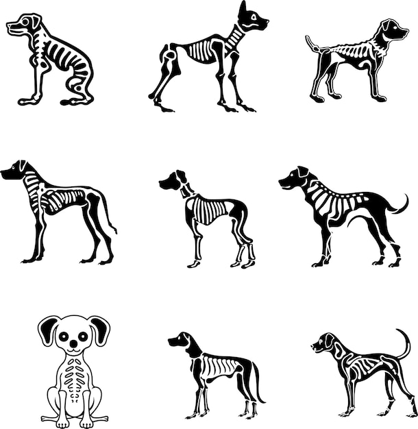 dog skeleton silhouette set vector illustration