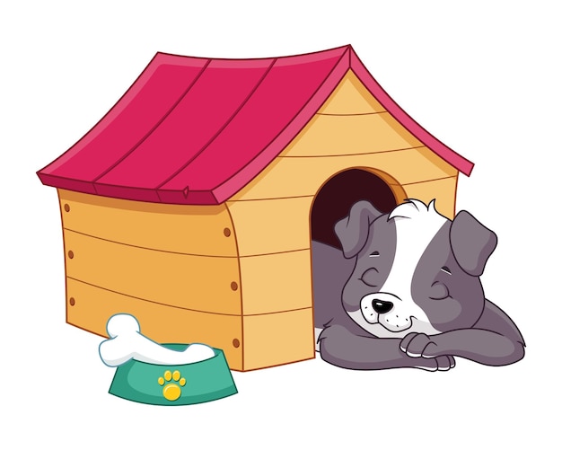 Dog sleeping in dog house cartoon vector illustration