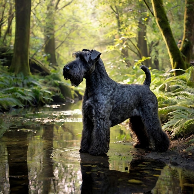 a dog stands in the water in a forest