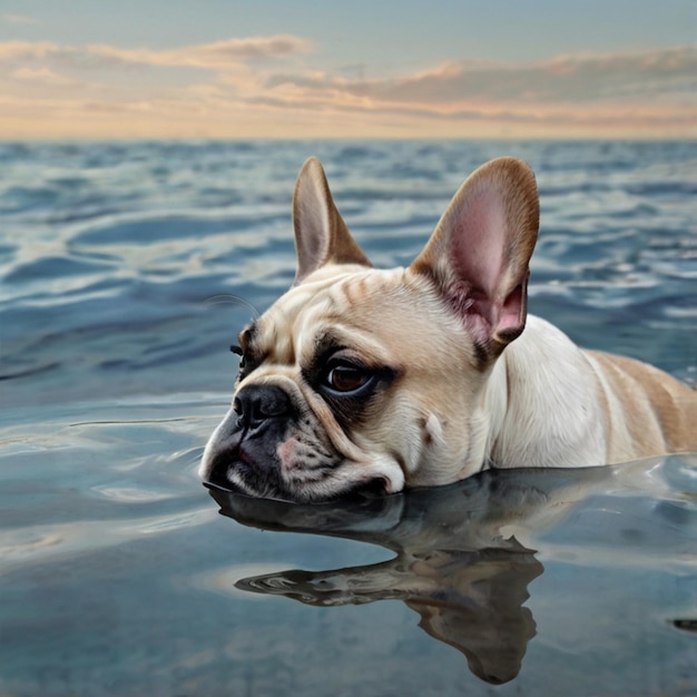 a dog swimming in the water with its head in the water