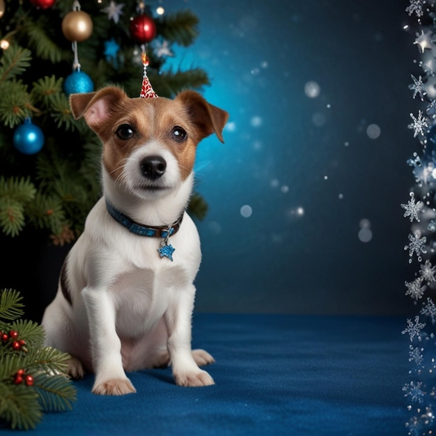 a dog that is sitting in front of a christmas tree