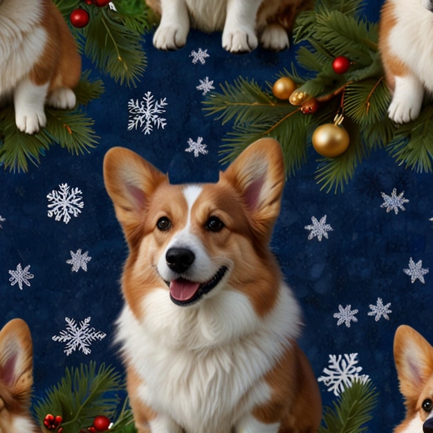 a dog that is smiling and has a christmas tree in the background