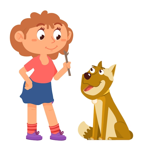 Dog training. Girl playing with puppy. Cute cartoon characters