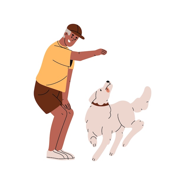 Dog training Trainer teaches golden retriever to spin by command Happy puppy show trick turns around Owner play exercise with obedient doggy Flat isolated vector illustration on white background