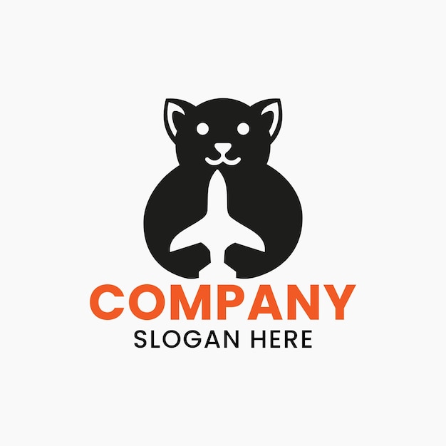 Dog Travel Logo Negative Space Concept Vector Template. Dog Holding Airplane Symbol