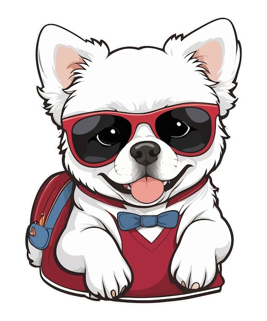 Vector a dog wearing a bow tie and sunglasses with a backpack on it