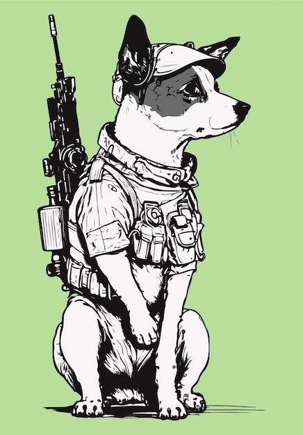 Dog wearing camouflage uniform with rifle vector