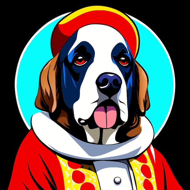 Vector a dog wearing a red and yellow outfit with a blue circle around it