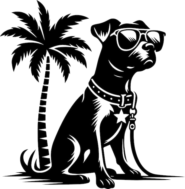 A dog wearing sunglasses and a collar with a palm tree vector black color silhouette