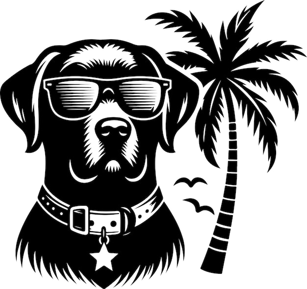 A dog wearing sunglasses and a collar with a palm tree vector black color silhouette