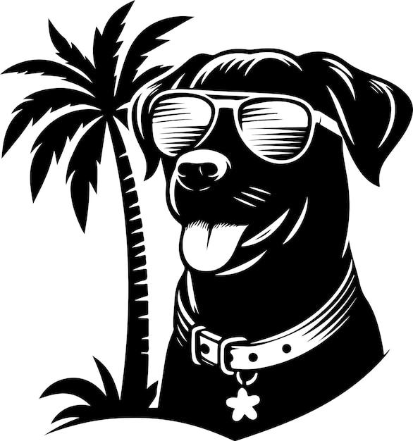 A dog wearing sunglasses and a collar with a palm tree vector black color silhouette