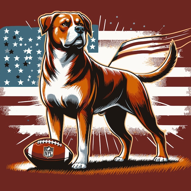 A Dog with American Football and Flag Vintage Engraved